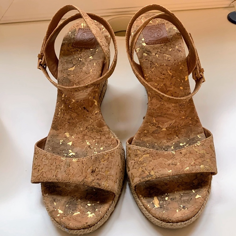 Tory Burch Natural Marion Cork Wedge Sandals Women's Sz 9 medium